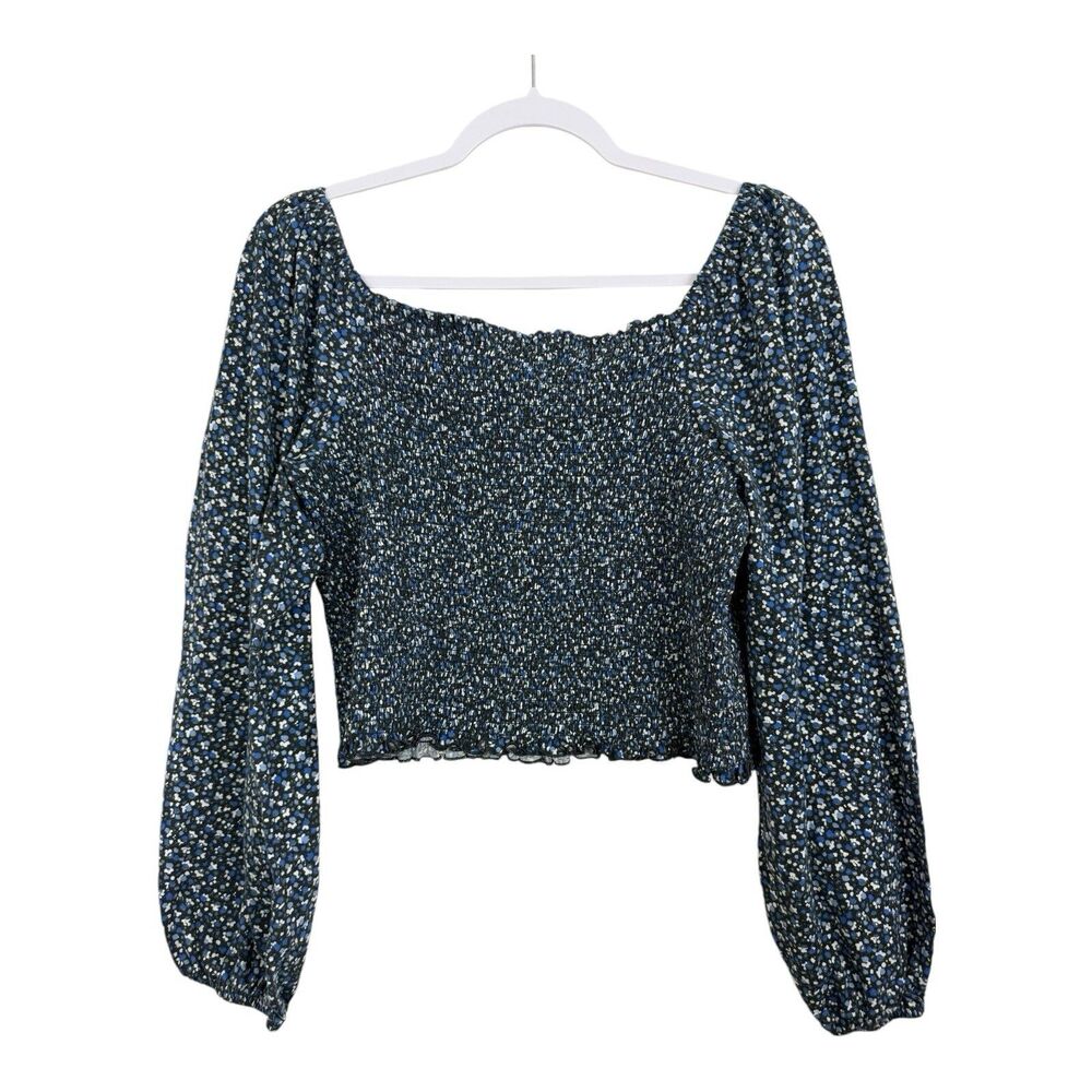 Gap Crop Top Size XL Smocked Square Neck Blue Black Floral Long Sleeves Stretch - Picture 5 of 9